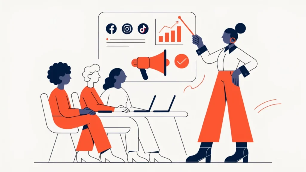 Marketing manager leading a team in front of a campaign board