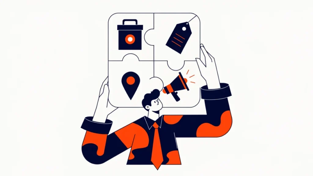 Marketer assembling product, price, place and promotion puzzle pieces