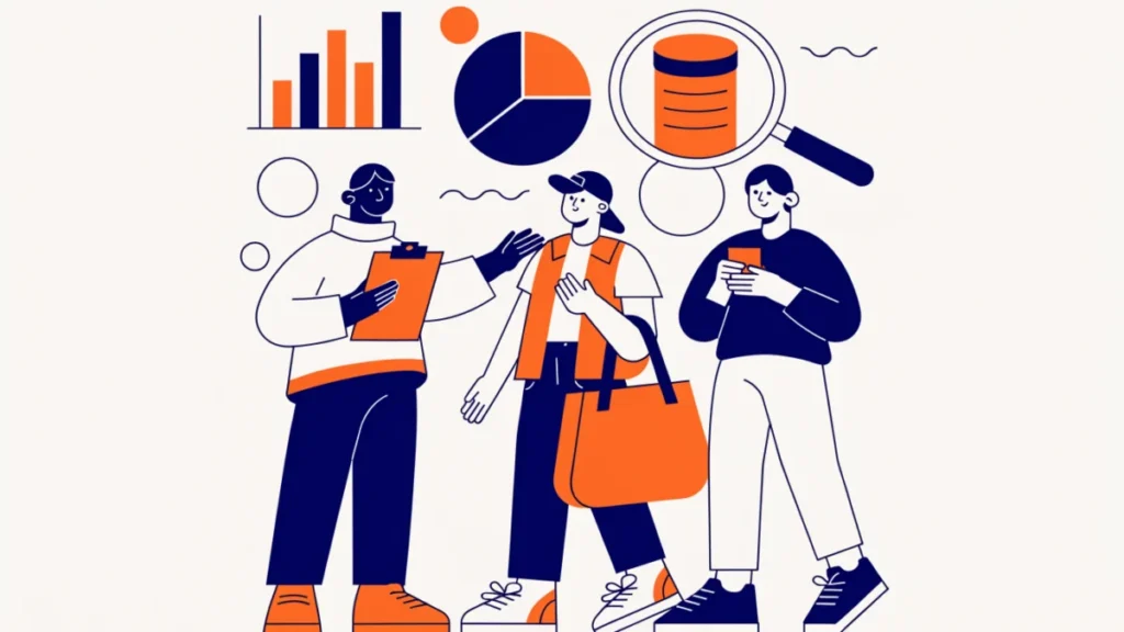 Researcher interviewing shoppers with charts in the background