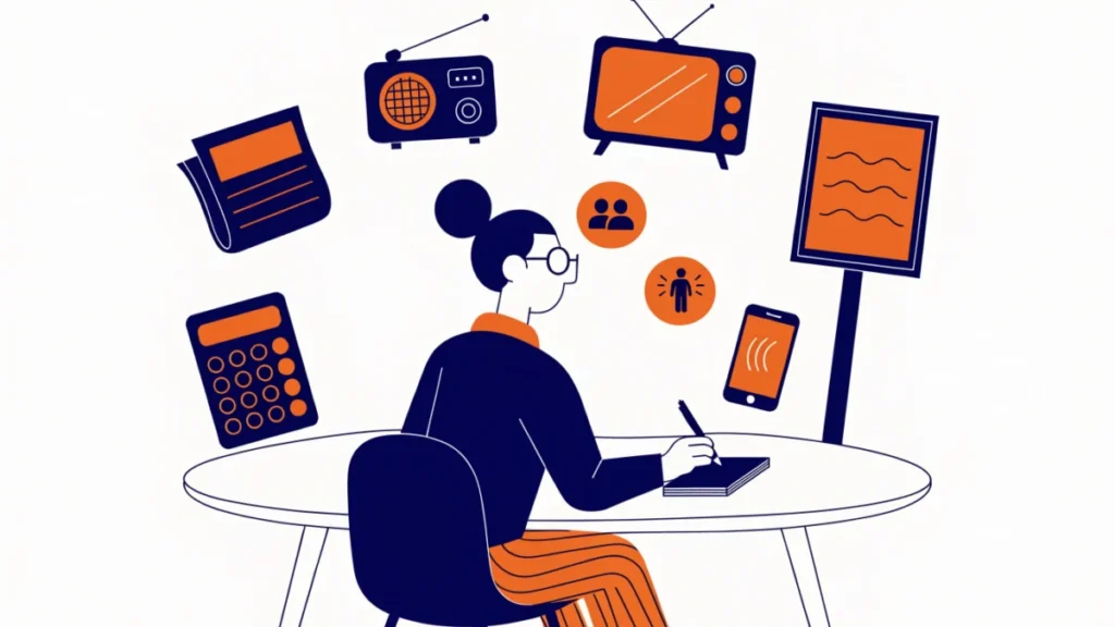 Media planner choosing between newspaper, radio, TV, billboard and phone, illustrating media decisions