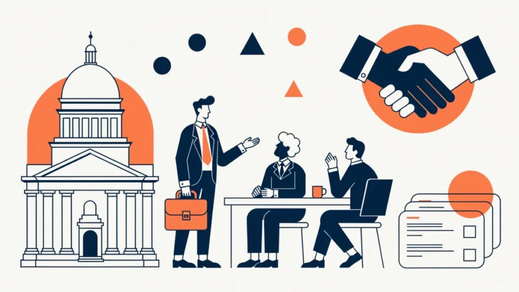 Merchant banker advising executives beside a stock exchange and merger handshake