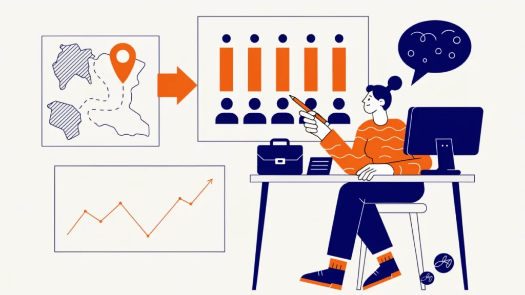 Sales director setting target bars from forecasts and territory maps, illustrating sales quota methods