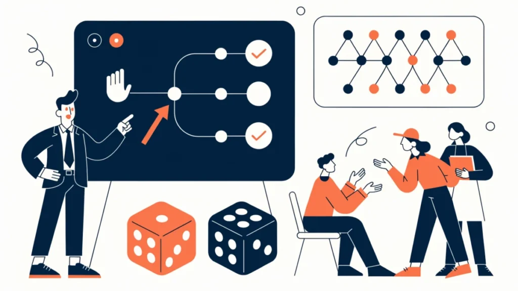 Manager using a decision tree and network chart with a team, illustrating decision-making techniques
