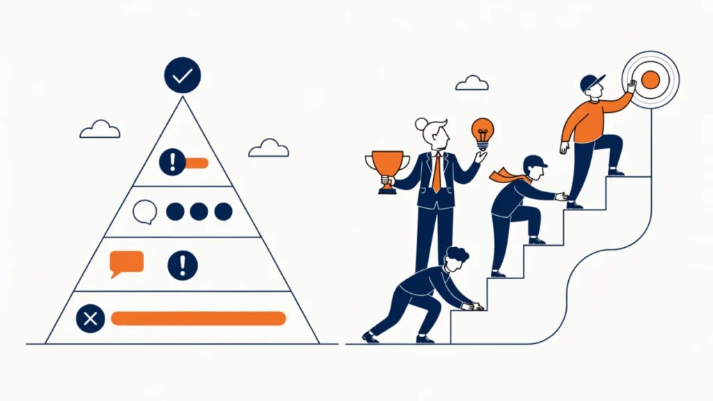 Needs pyramid beside employees climbing toward a target