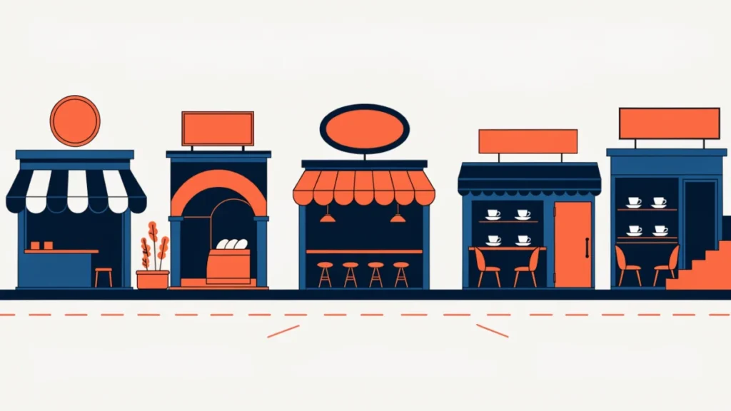Street of differently styled cafes competing for customers, illustrating monopolistic competition
