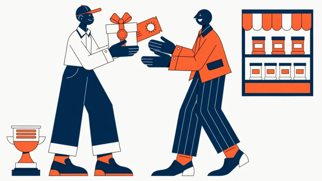 Manufacturer giving a dealer a gift box and discount voucher