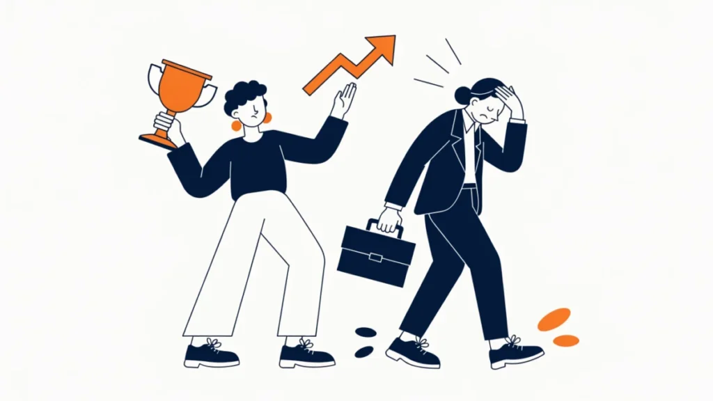 Sales manager encouraging a tired salesperson with a trophy and boost arrow