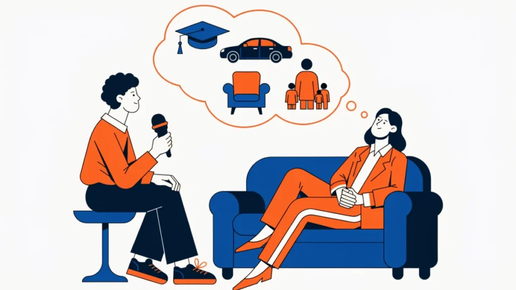 Researcher interviewing a consumer revealing hidden desires, illustrating motivation research