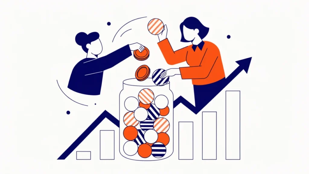 Investor adding coins to a diversified jar managed by a fund manager