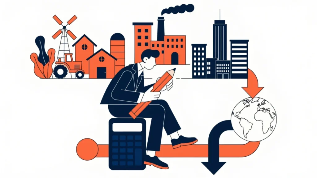 Economist adding farms, factories and offices into a national income chart, illustrating national income