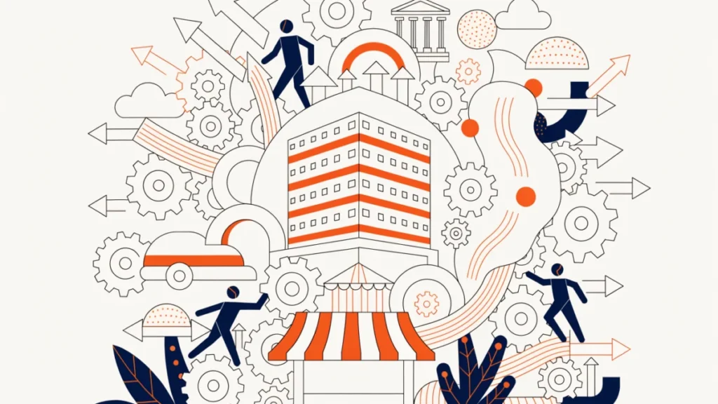 Business building in a swirl of interconnected gears and market icons, illustrating the business environment