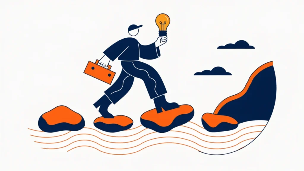 Entrepreneur crossing stepping stones toward a new venture, illustrating the nature of entrepreneurship
