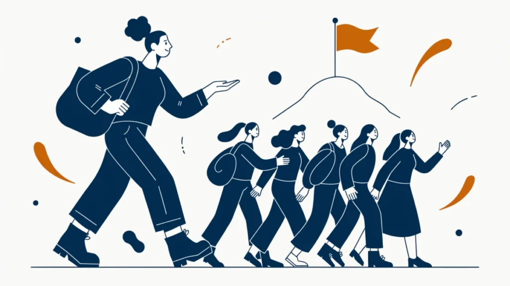Leader guiding united followers toward a shared flag, illustrating leadership