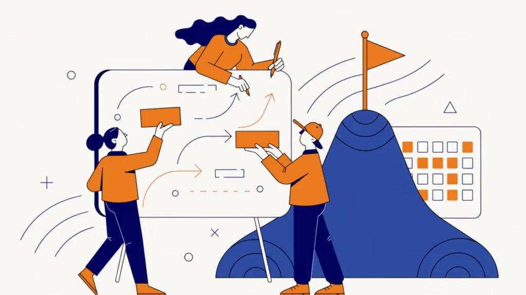 Manager mapping goals toward a flag with a team, illustrating characteristics of planning