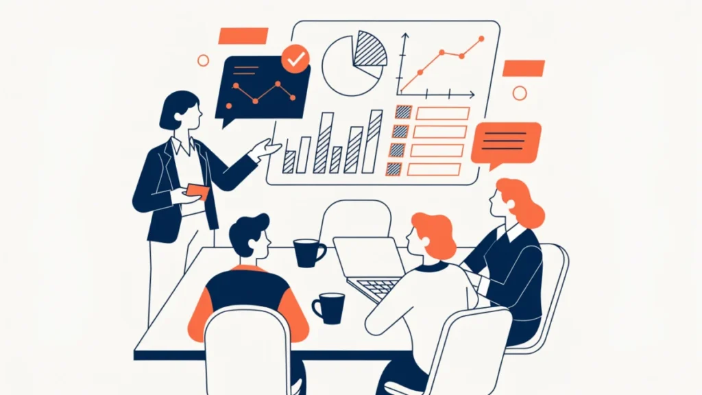 Accountant presenting a forward-looking cost dashboard to managers, illustrating management accounting