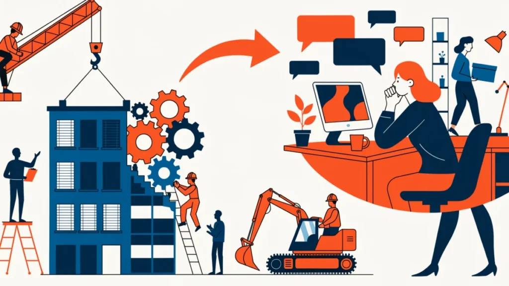 Office being reshaped with cranes while staff adapt, illustrating organizational change