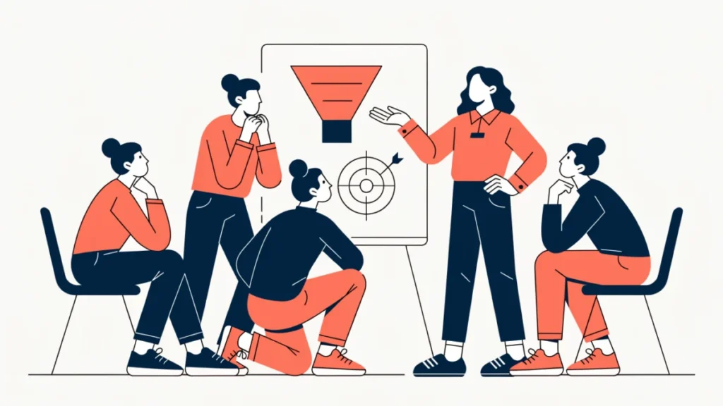 Sales manager coaching a team at a funnel whiteboard, illustrating sales management