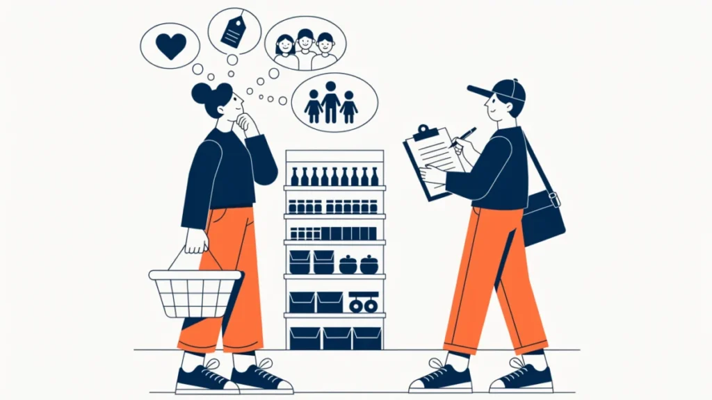 Shopper thinking about price, emotion and family beside a researcher, illustrating consumer behavior