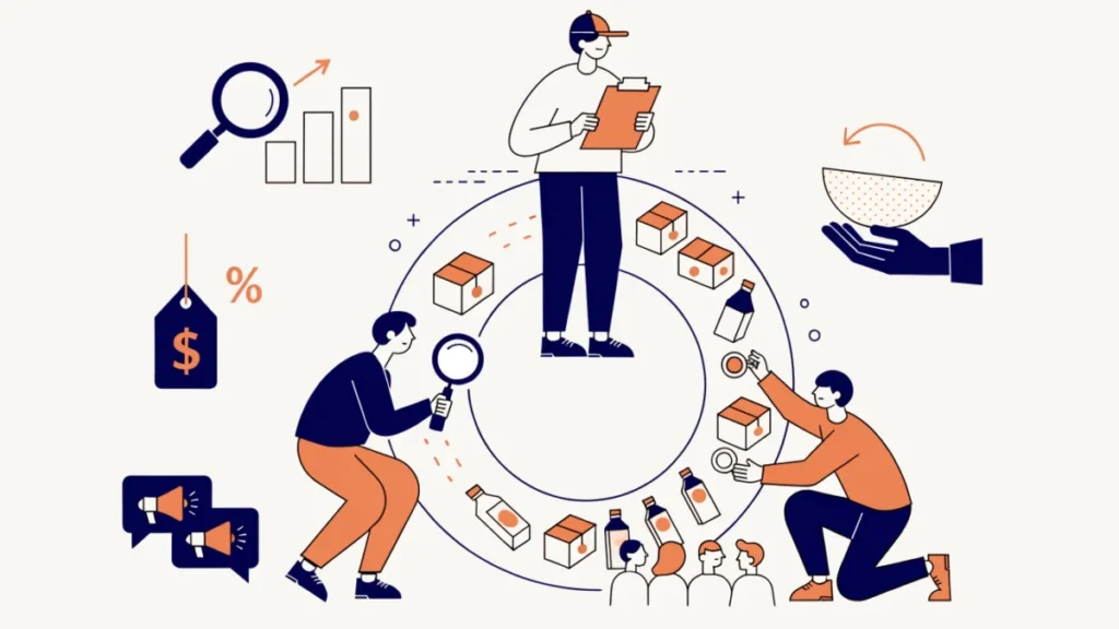 Marketing team around a circular map of products, pricing and promotion, illustrating nature and scope of marketing