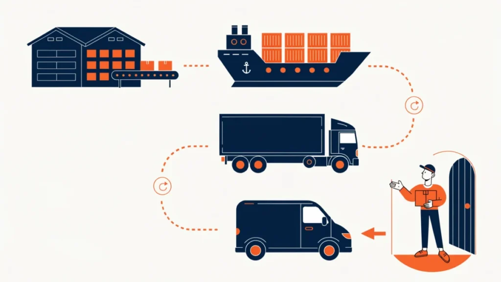 Warehouse, ship, truck and van linked to a customer doorstep