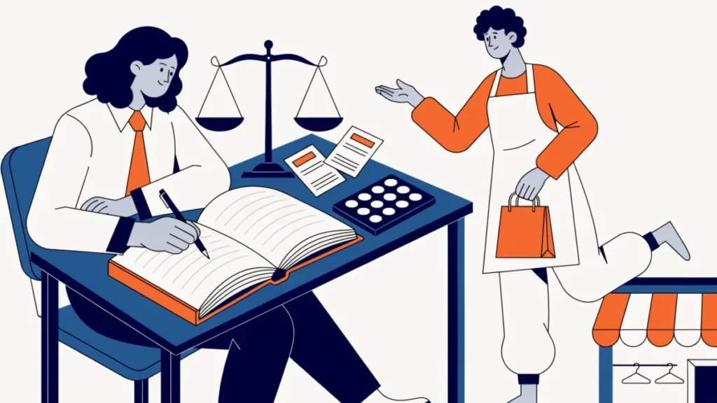 Accountant with ledger, calculator and balance scale illustrating the need for accounting
