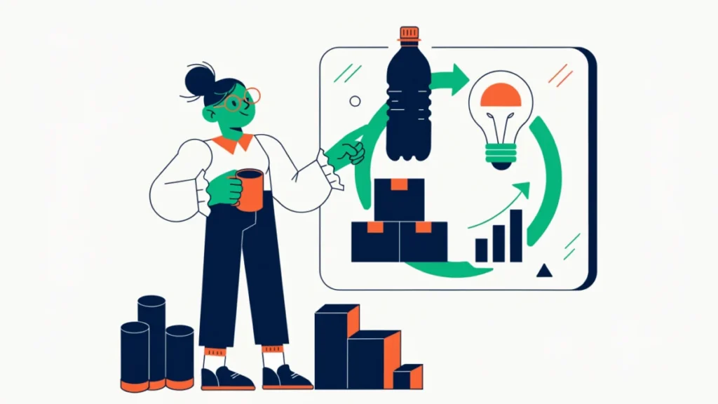 Entrepreneur reviewing a circular economy loop and profit chart, illustrating green business objectives