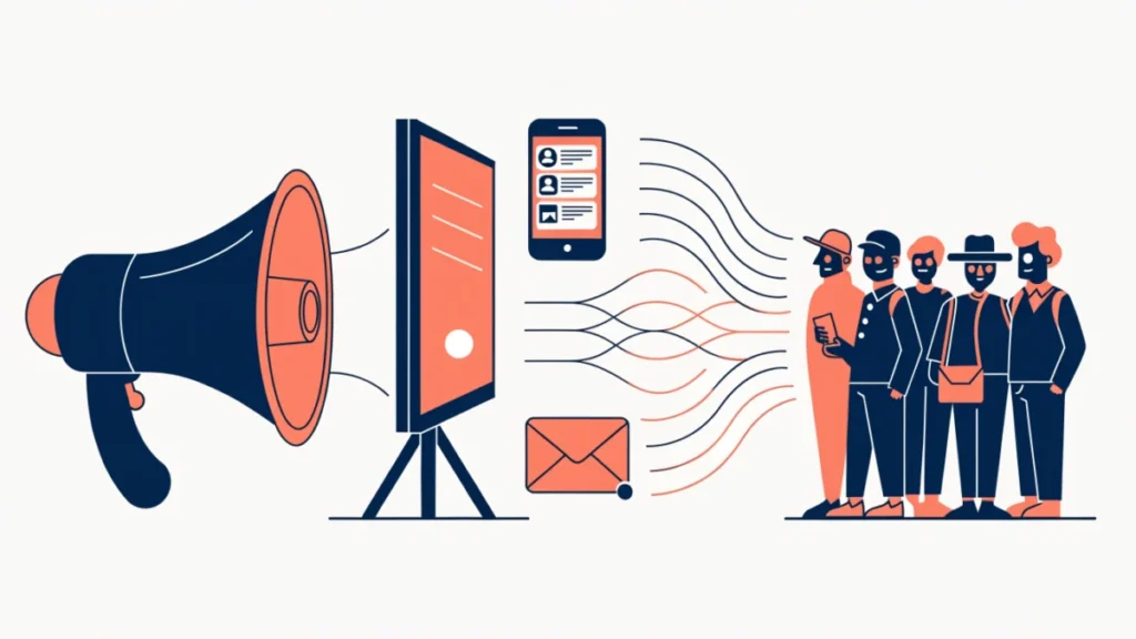 Megaphone, billboard, phone and email reaching customers, illustrating marketing communication objectives