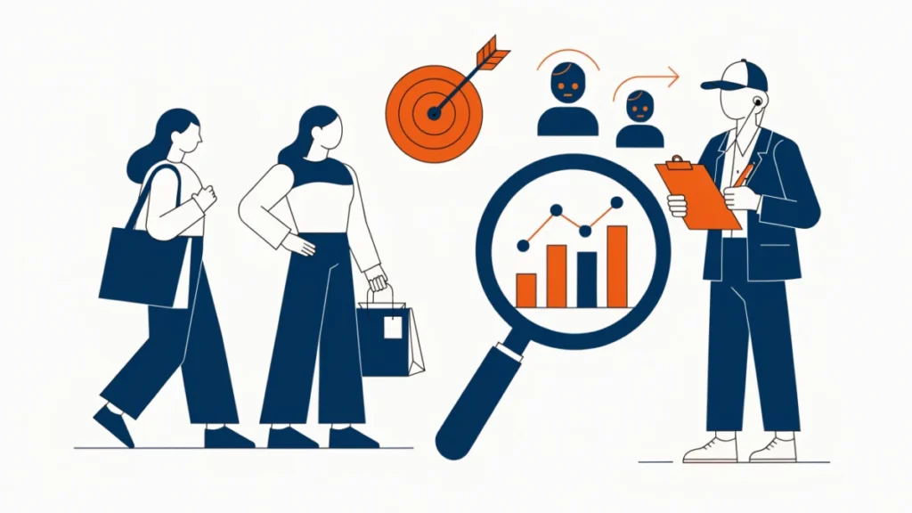 Researcher surveying shoppers beside a magnifying glass over charts