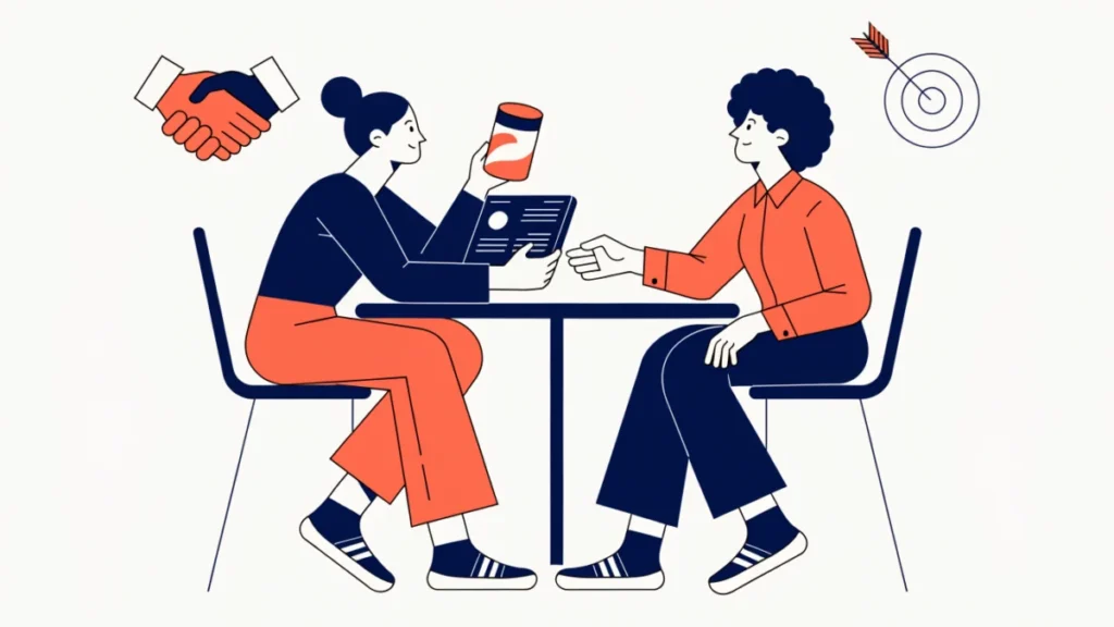 Sales rep showing a product to a client across a table, illustrating objectives of personal selling