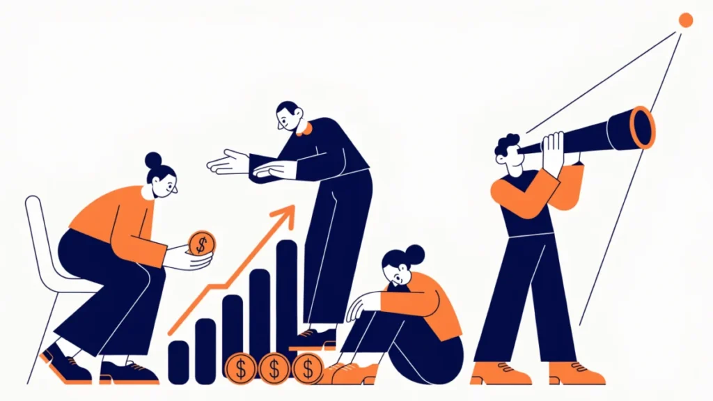 Sales head reviewing a rising sales chart with a telescope on future markets