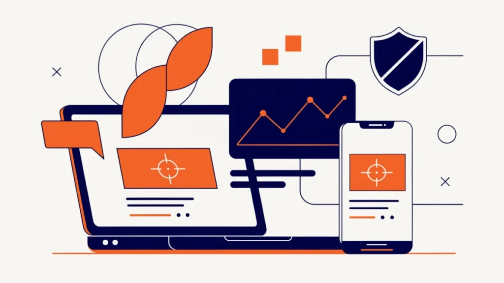 Laptop and phone showing targeted ads with analytics and an ad-blocker shield