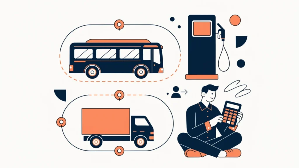 Bus and truck on a route map with a cost accountant calculating per-km cost, illustrating operating costing