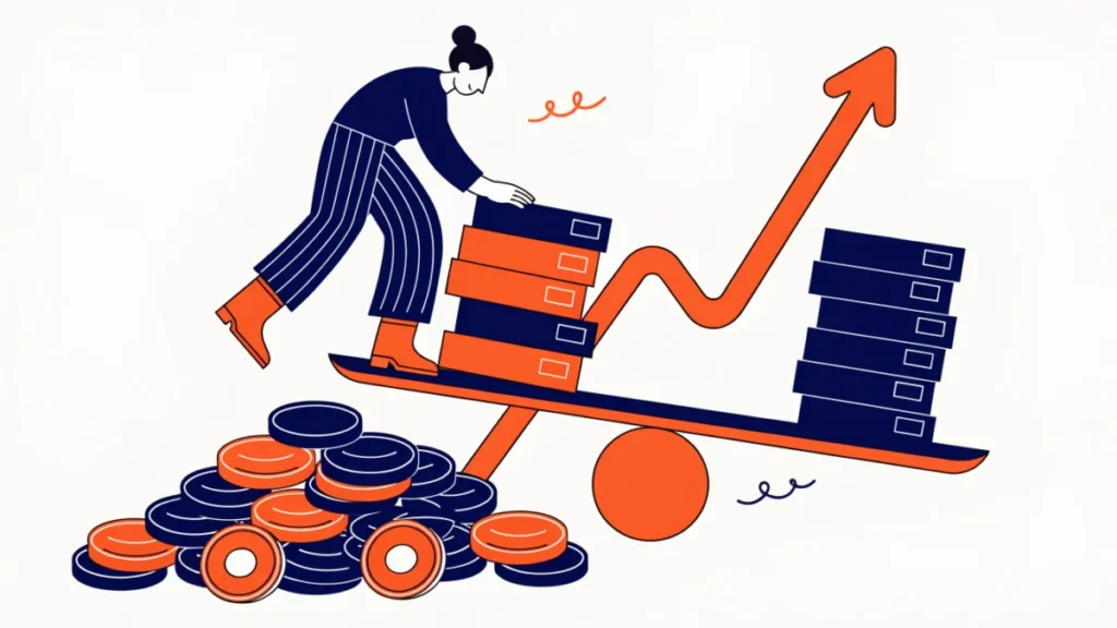 Finance manager balancing debt and equity blocks on a seesaw
