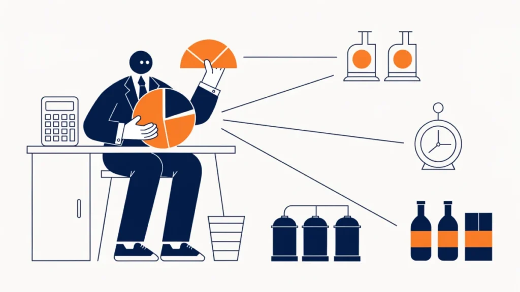 Cost accountant splitting a pie of indirect costs among departments, illustrating overheads in cost accounting