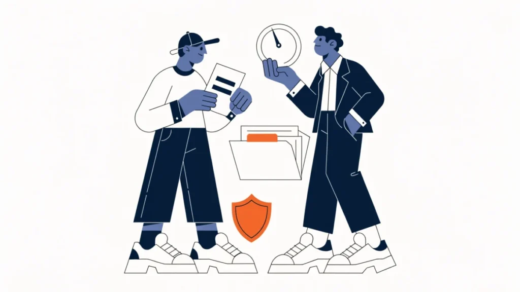Employee meeting a loan officer who reviews a credit score gauge