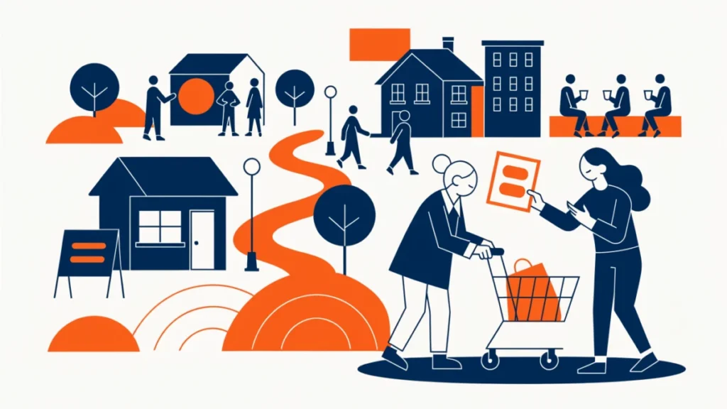 Salesperson helping an elderly shopper in a growing town, illustrating personal selling and society