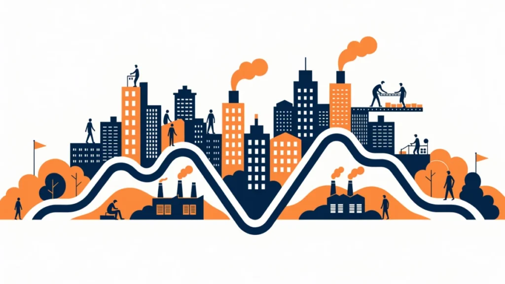 Wave-shaped economic line over a city with busy and quiet factories