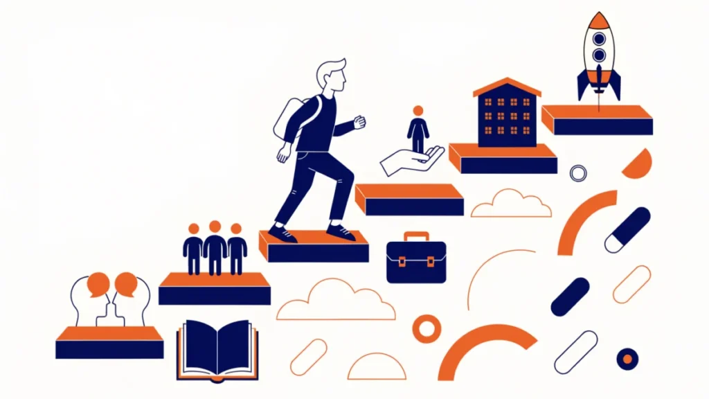 Entrepreneur climbing seven steps from training to launch, illustrating phases of an entrepreneurship development programme