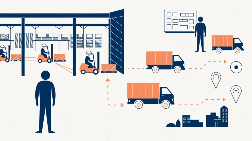 Distribution hub with forklifts, order screen and trucks on mapped routes