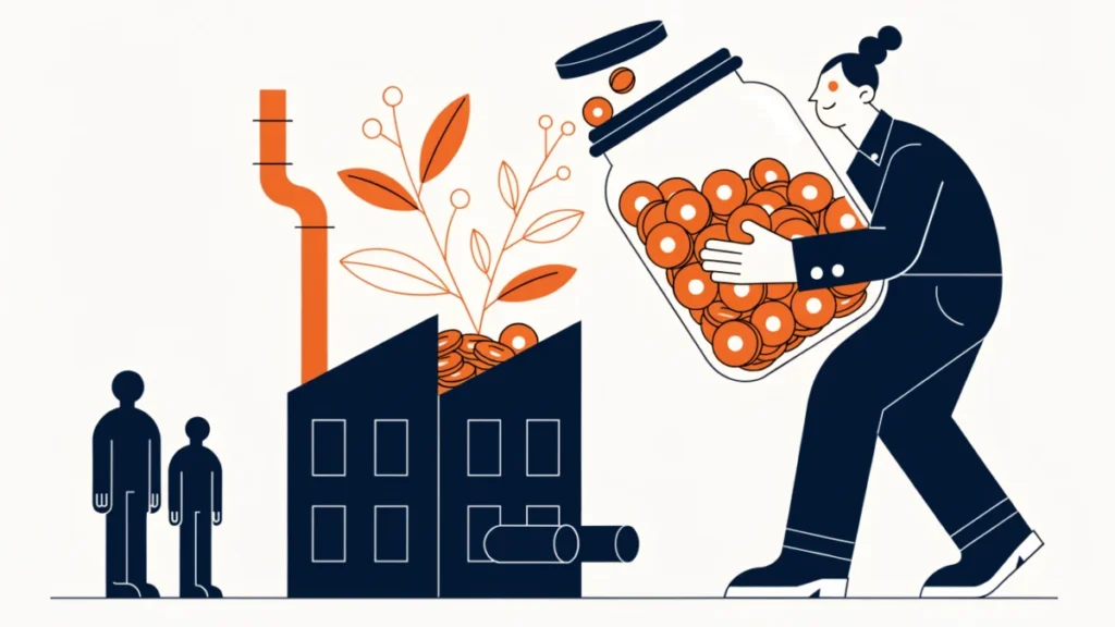 Owner pouring profit coins back into a growing factory, illustrating ploughing back of profits