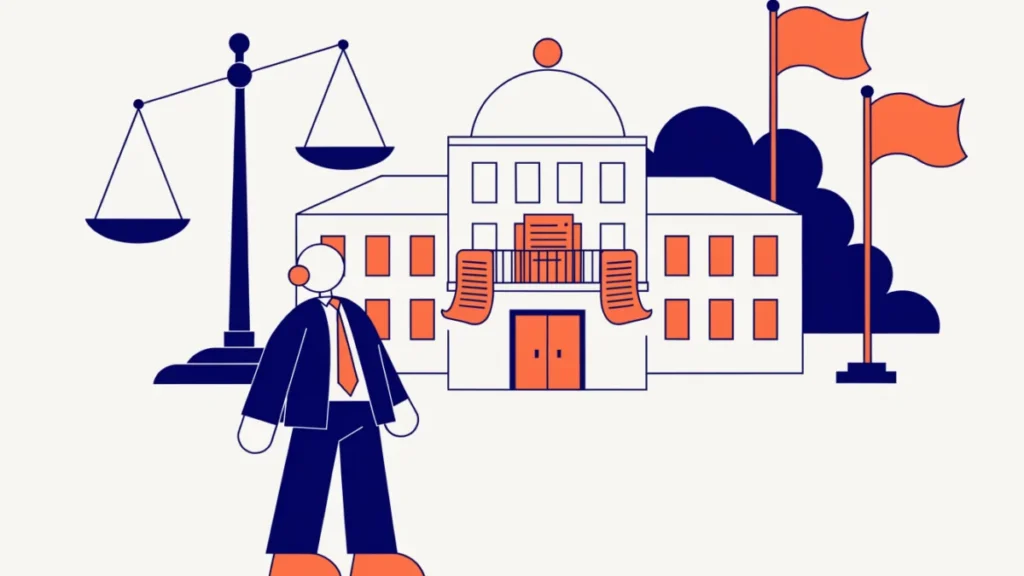 Business owner looking up at a parliament building with policy documents