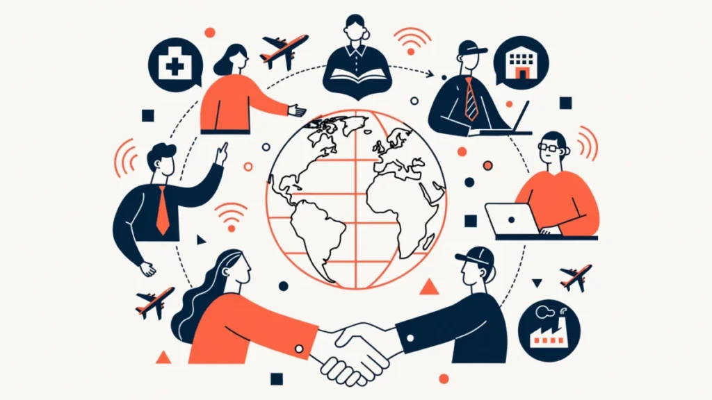 Globe connected by trade routes and people, illustrating positive effects of globalization