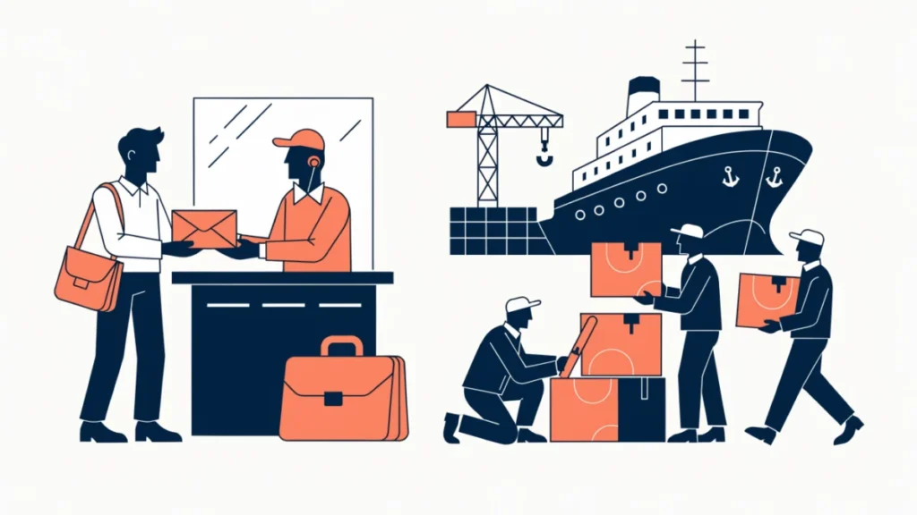 Exporter receiving a bank loan and packing goods for a cargo ship