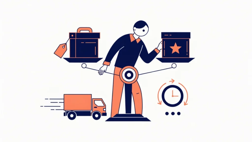 Buyer weighing a cheaper product against a branded one with fast delivery, illustrating price and non-price factors