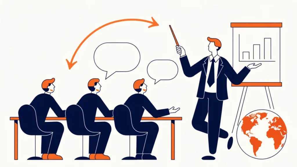 Presenter sharing a clear chart with an engaged audience, illustrating communication principles