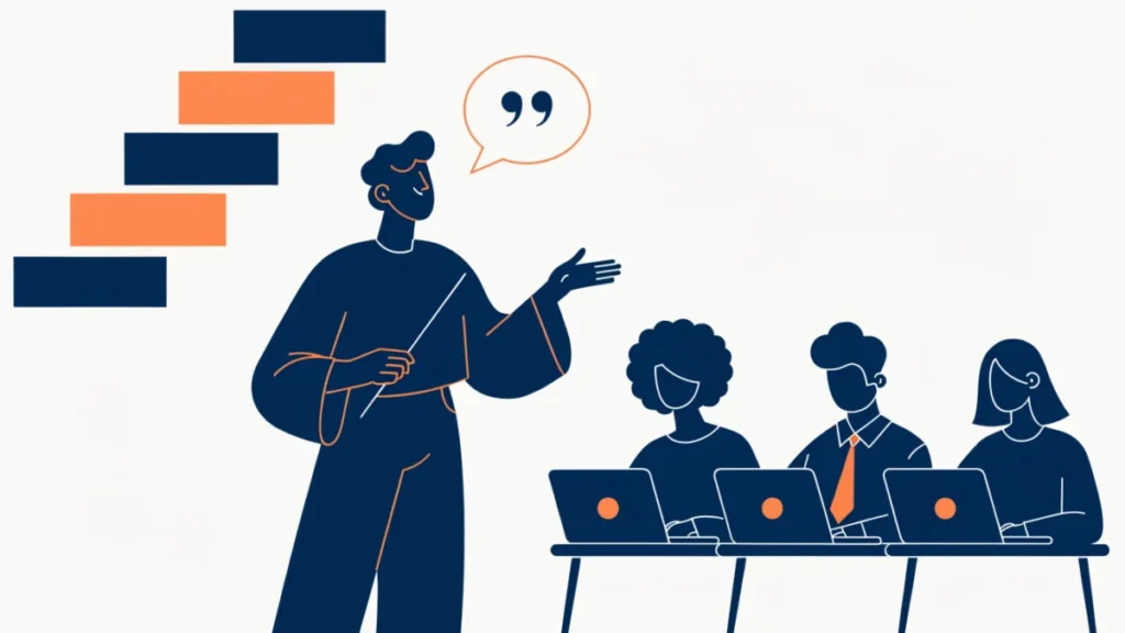 Trainer coaching employees on laptops beside progress steps and a feedback bubble