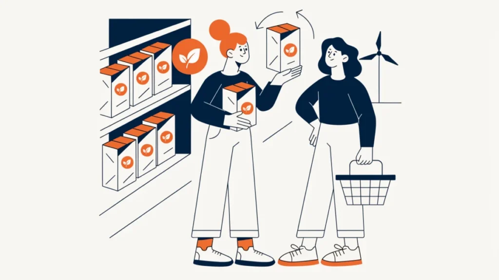 Recyclable packaged product with a leaf badge explained to a shopper, illustrating green marketing