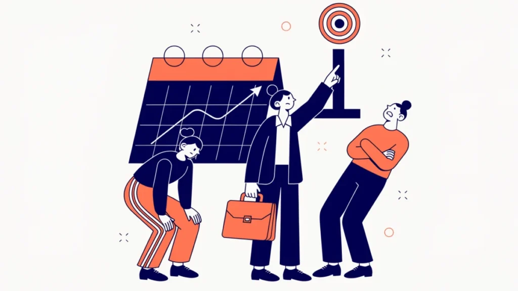 Sales manager pointing at a very high target while salespeople look stressed, illustrating sales quota problems