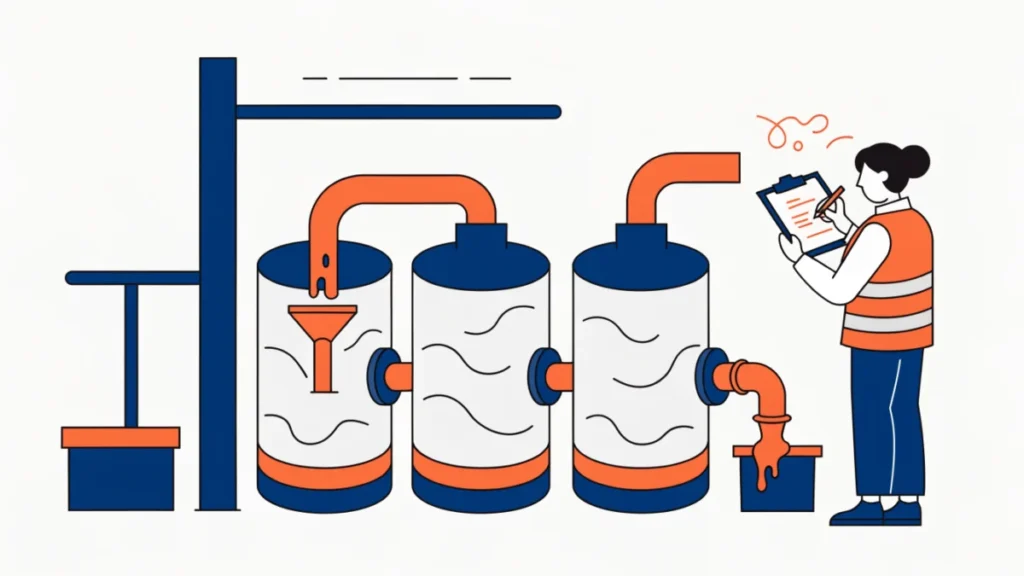 Raw material flowing through three process tanks while an accountant records costs
