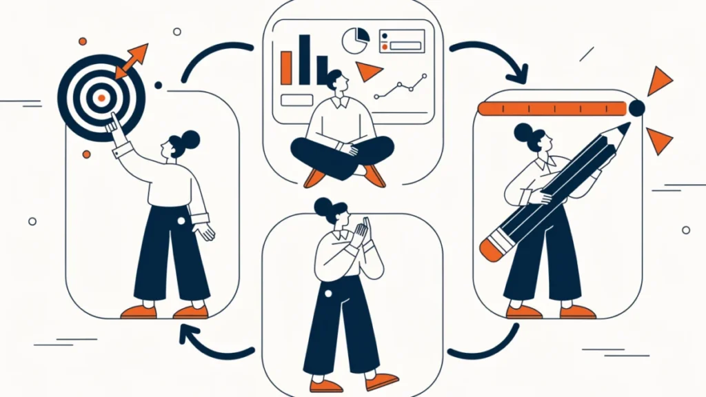 Marketing manager on a loop of target, measure, compare and adjust, illustrating marketing control
